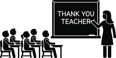 Silhouette of teacher and students in classroom with thank you teacher message on blackboard © Rohima
