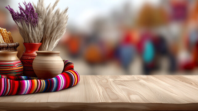 Pachamama Raymi festival decorations on a wooden table with traditional Andean vases and textiles
