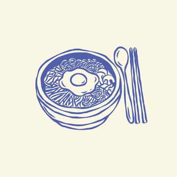 Hand Drawn Korean Ramyeon or Bibimbap Bowl with Fried Egg Illustration