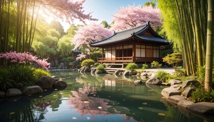 Naklejka premium Serene Japanese Garden with Cherry Blossoms and Pond.