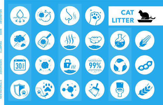 Cat litter icon set. These icons can visually communicate the key features various cat litters for pet. Contrasting elements are good for different backgrounds. EPS10.