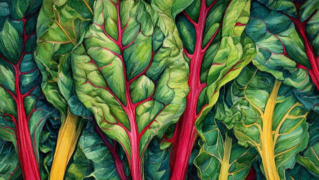 Watercolor illustration of swiss chard leaves in full frame composition, dense overlapping green leaves with vibrant red and yellow stems, ideal for healthy food background.