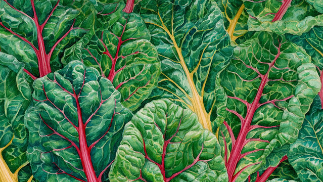 Watercolor illustration of swiss chard leaves in full frame composition, dense overlapping green leaves with vibrant red and yellow stems, ideal for healthy food background.