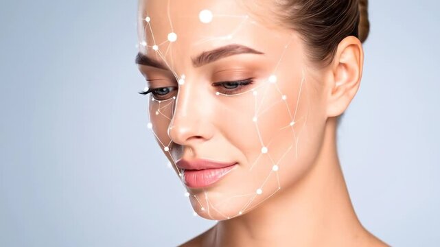 A young woman with digital facial recognition points on her skin