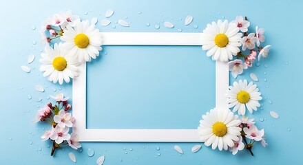 Fototapeta premium Floral frame with daisies and cherry blossoms on light blue background