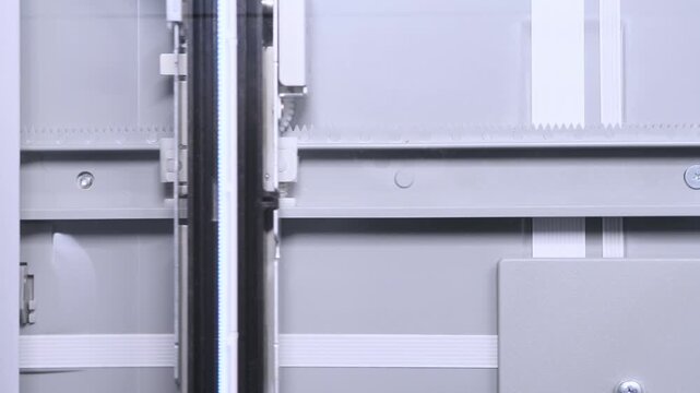 Close up flatbed scanner internal parts in cool blue lighting technical detail