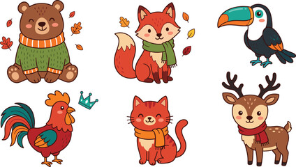 Obraz premium Cute Autumn Animal Cartoon Collection Featuring Bear Fox Deer Cat Rooster and Toucan with Cozy Seasonal Vector Illustration