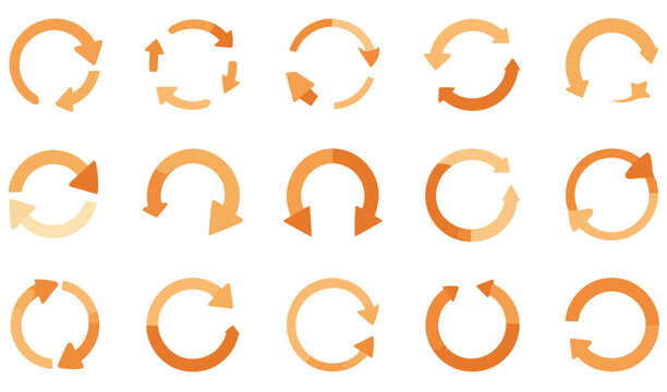 Circular Refresh Arrow Icons Set in Orange Colors, Reload Rotation Loop Symbols Collection Isolated on Light Background