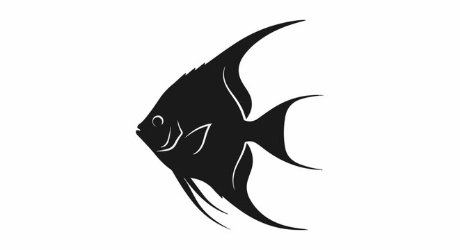 A black silhouette of a tropical angelfish with flowing fins and a white eye