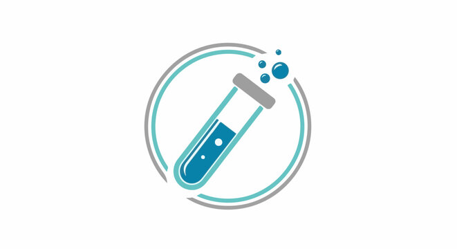 A circular logo depicts a slanted test tube with blue liquid and bubbles