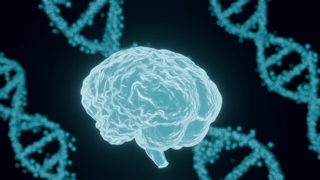 3D Neon Brain Rotation with Blue DNA Background &ndash; Neural Activity, Synapses and Futuristic Medical Technology Loop