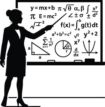 Female math teacher silhouette explaining equations on whiteboard