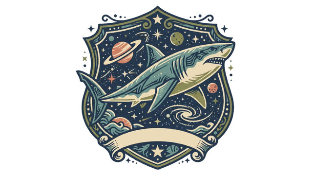 Shark illustration in decorative crest with celestial elements