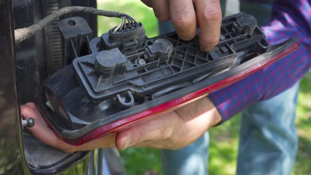 Replacing light bulbs in a car's taillight. A close-up of a car owner's hands unscrewing a car's taillight with a screwdriver to replace burned-out bulbs.