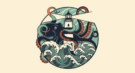 Stylized illustration of an octopus and lighthouse with waves © upeh