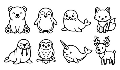 Cute arctic animals cartoon characters vector illustration set 8 items bold black and white outline for KDP coloring books and stickers of polar bear penguin and seal © Mdsahag