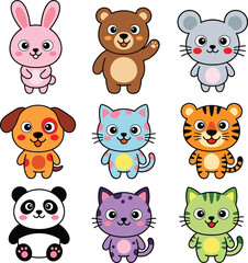Fototapeta premium Cute Baby Animal Cartoon Character Collection Featuring Bunny Bear Mouse Panda Tiger Cat and Puppy Vector Illustration Set