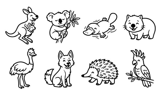 Kawaii Australian animals cartoon characters vector illustration set 8 items bold black and white outline for stickers and KDP featuring kangaroo koala and platypus