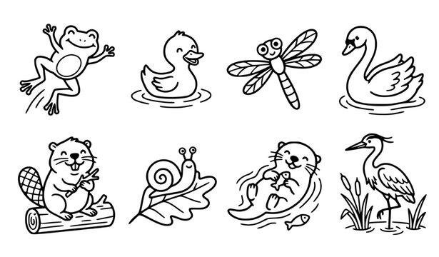 Cute pond animals cartoon characters vector illustration set 8 items bold black and white outline for KDP coloring books and stickers of frog duck and beaver