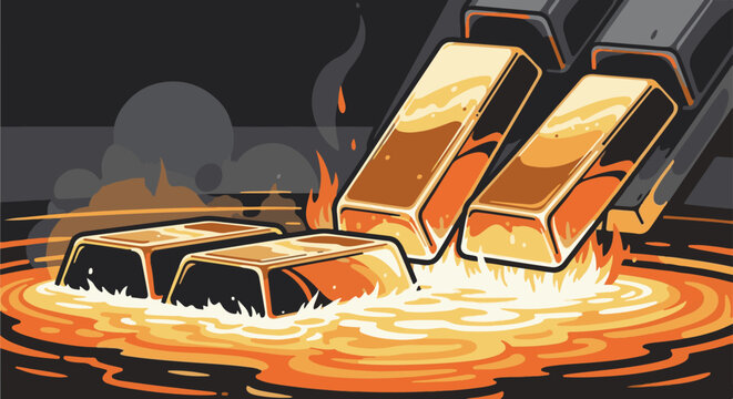 Molten gold bars being poured into a pool of liquid gold, with flames and smoke