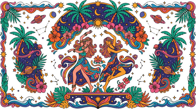 Stylized illustration of dancing figures with tropical and celestial elements