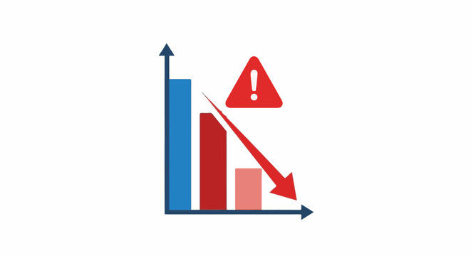 A red triangle with an exclamation mark and a red arrow points down a descending bar graph