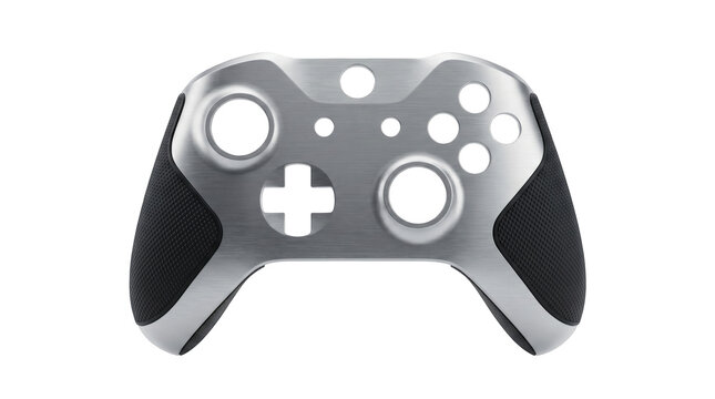 Front view of an empty brushed silver metal game controller faceplate shell isolated on a solid white background
