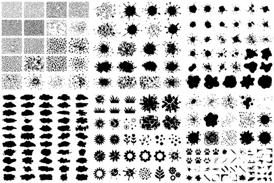 Abstract black ink splatters and shapes on white background.