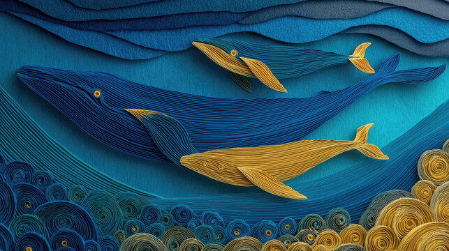 Whale family swimming in the ocean paper art style.