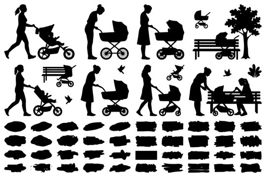 Silhouettes of female adults with strollers and park elements in various poses.