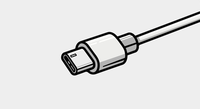 Stylized illustration of a modern USB-C connector and cable, rendered in white and black