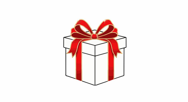 A white gift box adorned with a vibrant red and gold ribbon bow, presented against a plain white background