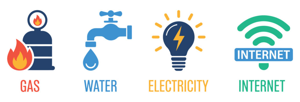Public utilities icon set including gas, water, electricity, and internet supply symbols, clean modern vector illustration for infrastructure, services, and urban management design.
