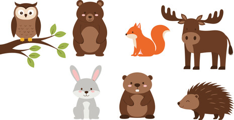 Fototapeta premium Forest Animal Icon Set Featuring Owl, Bear, Squirrel, Rabbit, Moose, and Hedgehog for Wildlife, Nature, and Animal Graphics