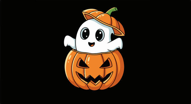 A cute ghost peeking from a carved jack-o'-lantern, wearing a pumpkin lid