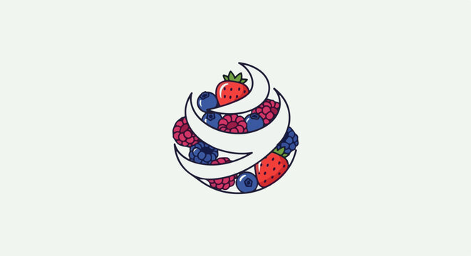 A swirling abstract design of red strawberries and blue blueberries mixed with pink raspberries on a white background