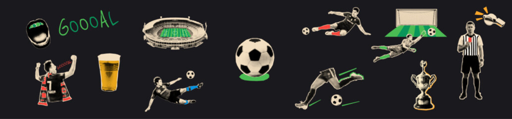 Obraz premium Soccer championship halftone cutouts. Football stickers collage elements.