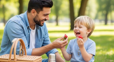 Fototapeta premium Happy labor day picnic with dad and son enjoying fresh strawberries