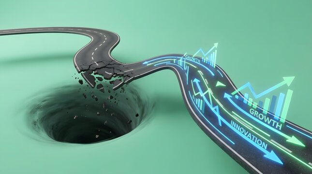 Winding road breaks falling into black hole leading to growth and innovation charts.