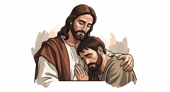 Gentle embrace of comfort and hope, a figure in robes offers solace to a man in prayer