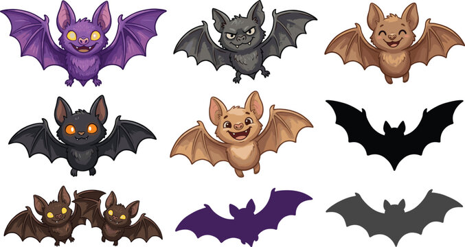 Cute bat cartoon character collection with spooky Halloween flying bats and silhouette designs vector illustration isolated on white background