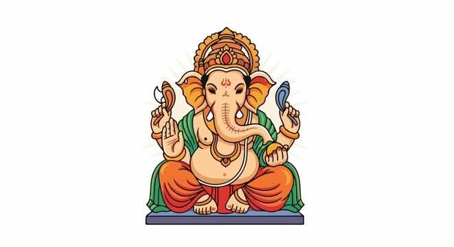A cheerful, four-armed deity with an elephant head sits cross-legged, adorned with jewels