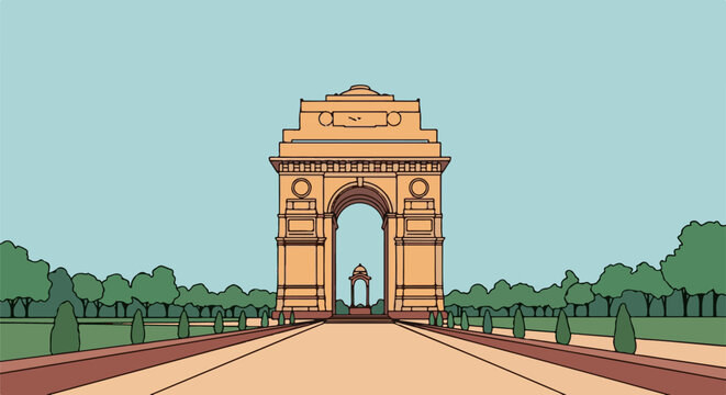 A wide, flat pathway leads to a monumental archway flanked by trees