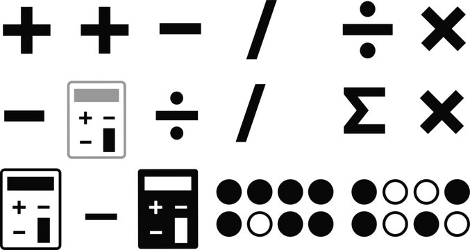 Mathematical Symbols and Calculator Icon Set Featuring Operators, Functions, and Numbers for Education, Learning, and Math Graphics
