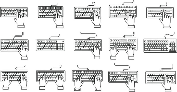 Keyboard Icon Set Featuring Various Hand Typing Positions and Key Layouts for Technology, Office, and Computer Graphics