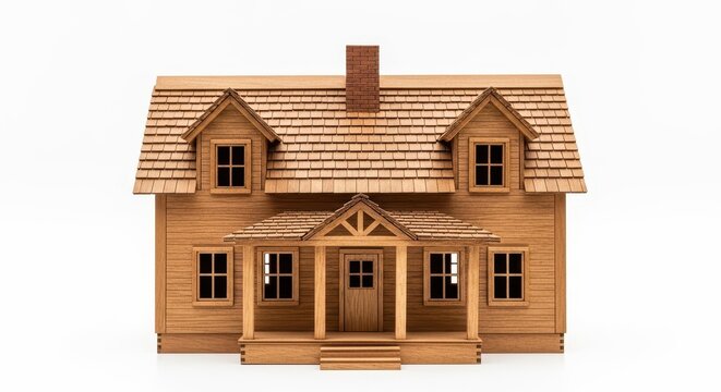 Small wooden dollhouse with brown roof and chimney
