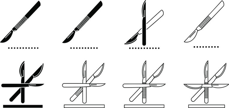 Surgical Scalpel Vector Set with Various Blade Designs and Crossed Knife Symbols for Medical, Healthcare, and Precision Tools Illustrations