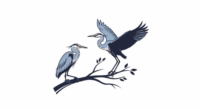 Two blue herons perched on a tree branch, one with wings spread