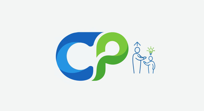 Abstract logo with stylized letters and figures representing mentorship and innovation