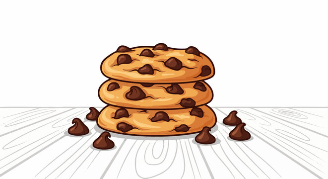 Stack of chocolate chip cookies on a wooden surface with loose chips